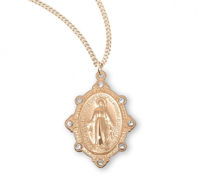 MIRACULOUS MEDAL - 1" GOLD OVER STERLING 8 AUSTRIAN CRYSTALS - 18" CHAIN