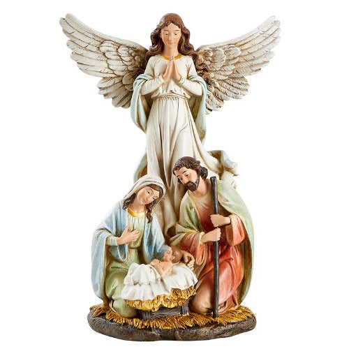 ANGEL WITH HOLY FAMILY NATIVITY FIGURE - 12" RESIN