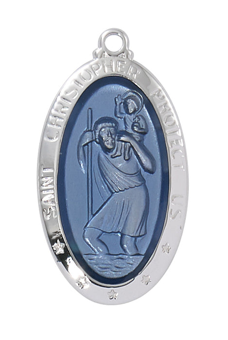 ST CHRISTOPHER WITH BLUE ENAMEL STERLING SILVER ON 18" CHAIN