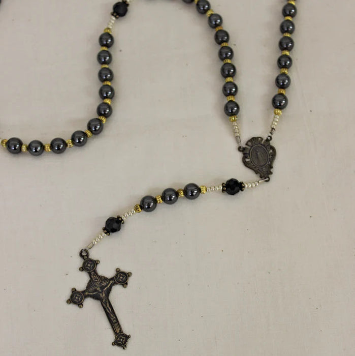 Rosary Hematite Beads and Antique Bronze Crucifix and Center