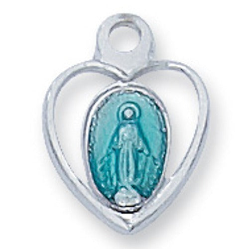 MIRACULOUS MEDAL HEART BLUE ENAMEL STERLING SILVER ON 13" CHAIN