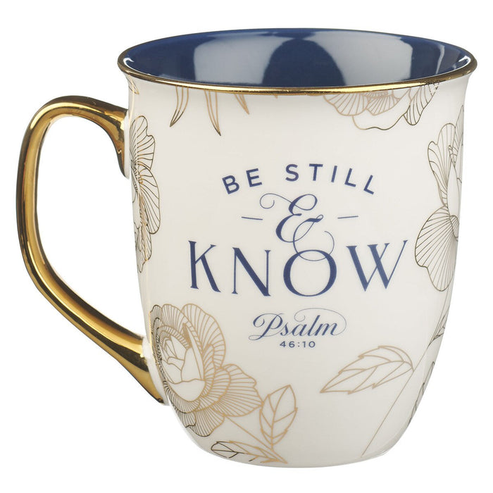 Coffee Mug Be Still and Know Blue and Gold Floral