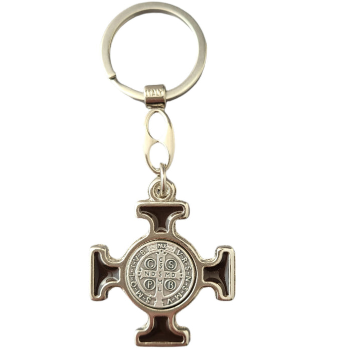 Key Ring from Medjugorje St Benedict Cross in Brown Enamel