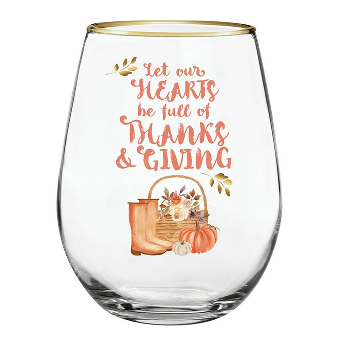 "Thanks & Giving" Stemless Wine Glass