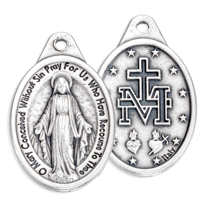 Miraculous Medal 1" Oval Antiqued Silver Oxidized
