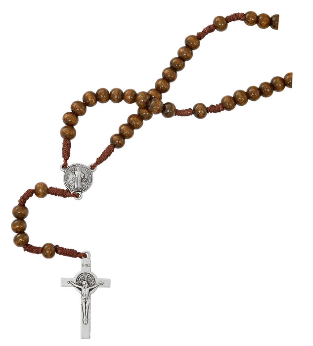 NECKLACE BROWN WOOD BEADS ST. BENEDICT MEDAL AND CRUCIFIX