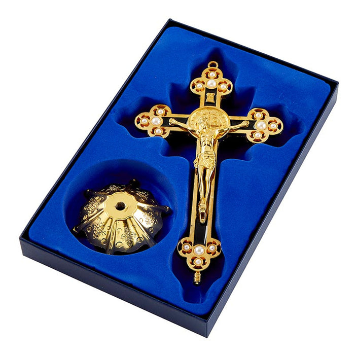 Standing Crucifix St Benedict 8.75" Black with Pearl