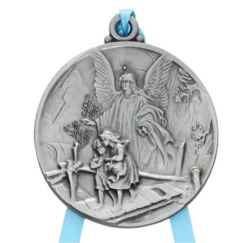 Guardian Angel Crib Medal in Pewter with Blue Ribbon