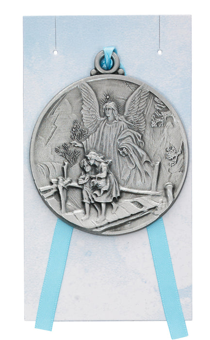 Guardian Angel Crib Medal in Pewter with Blue Ribbon