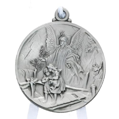 Guardian Angel Crib Medal in Pewter with White Ribbon