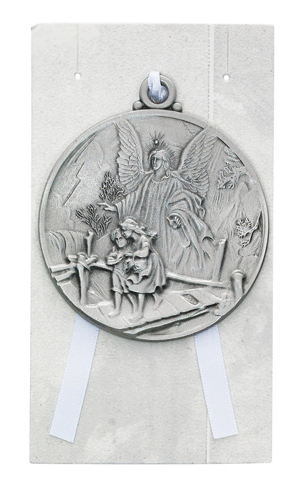 Guardian Angel Crib Medal in Pewter with White Ribbon