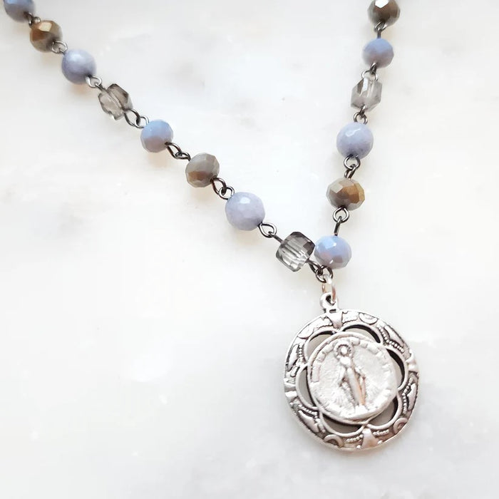 Pray For Us Mary Necklace with Blue Beads