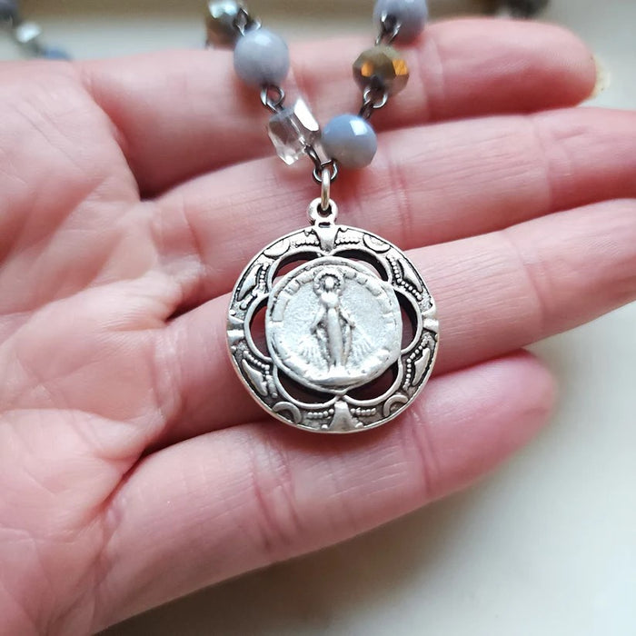 Pray For Us Mary Necklace with Blue Beads