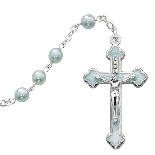 Child's Rosary Blue Pearl Beads and Enamel Crucifix