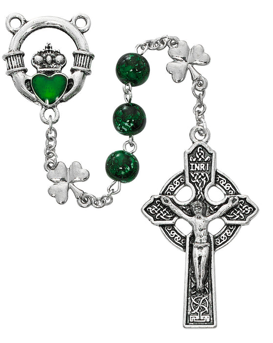 IRISH ROSARY - 8mm GREEN GLASS - SHAMROCKS & CLADDAGH