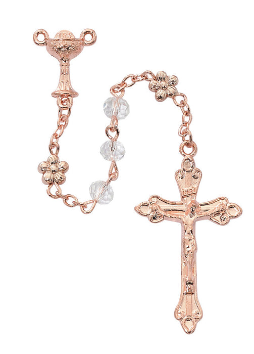 FIRST COMMUNION ROSARY - ROSE GOLD FLOWER BEADS AND CHALICE CENTER