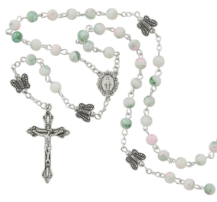 ROSARY PINK & GREEN GLASS BEADS WITH BUTTERFLY OUR FATHER'S