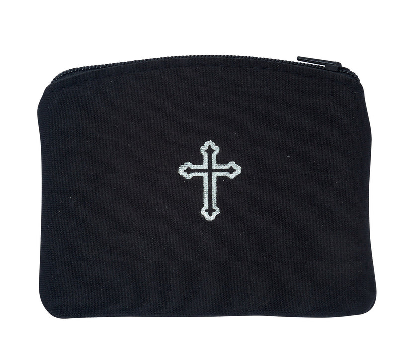 ROSARY CASE BLACK NEOPRENE WITH SILVER CROSS