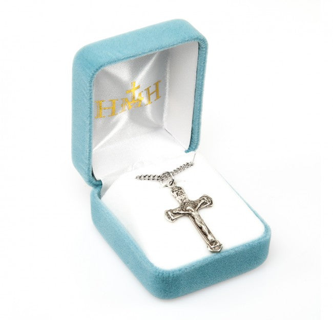 CRUCIFIX NECKLACE -  INTRICATE EMBOSSED DESIGN - SOLID STERLING SILVER