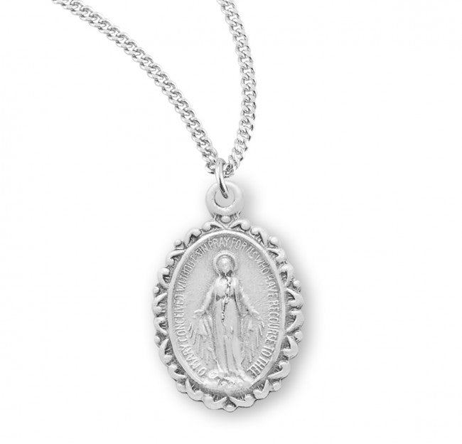 MIRACULOUS MEDAL 0.7" FANCY BORDER STERLING ON 18" CHAIN