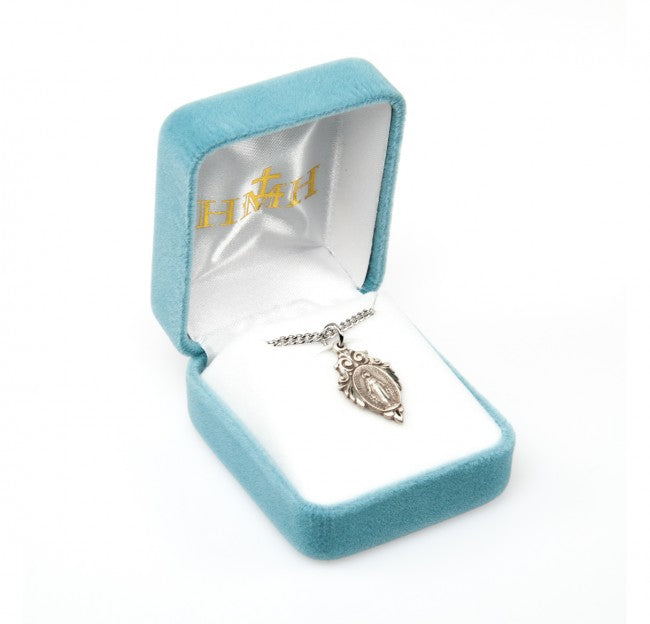 MIRACULOUS MEDAL - SS - 7/8" FANCY LEAF SWIRLED BORDER - 18" CHAIN