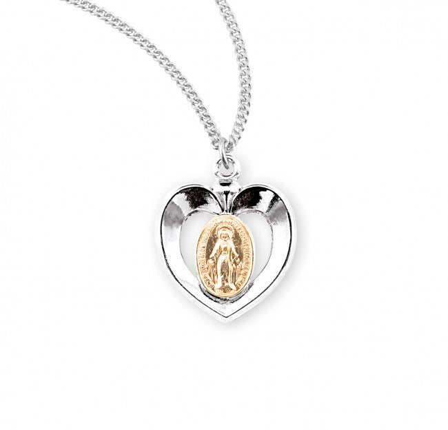 MIRACULOUS MEDAL 0.8" CUT OUT HEART STERLING SILVER ON 18" CHAIN