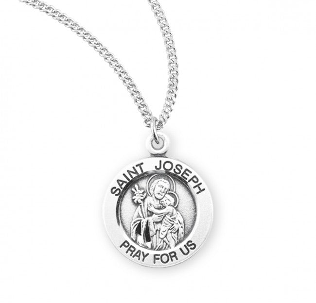 St Joseph 0.7" Round Sterling Silver on 18" Chain