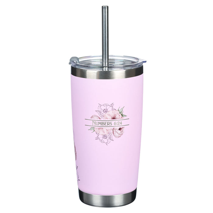 Travel Mug with Straw Bless You and Keep You Pink Floral