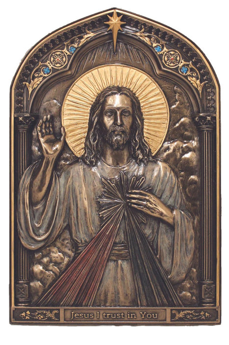Divine Mercy Plaque in Lightly Hand-Painted Cold Cast Bronze 6" x 9"