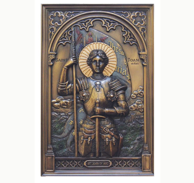 St. Joan of Arc Plaque in Lightly Hand-Painted Cold Cast Bronze 6" x 9"