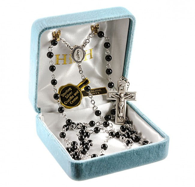 Rosary 4mm Genuine Onyx Beads with Sterling Crucifix and Center