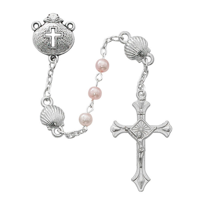 Baptism Rosary 4mm Pink Pearl Beads and Shell Our Fathers