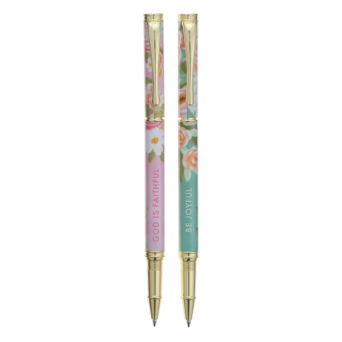 Joyful and Faithful Pink and Green Floral Pen Set