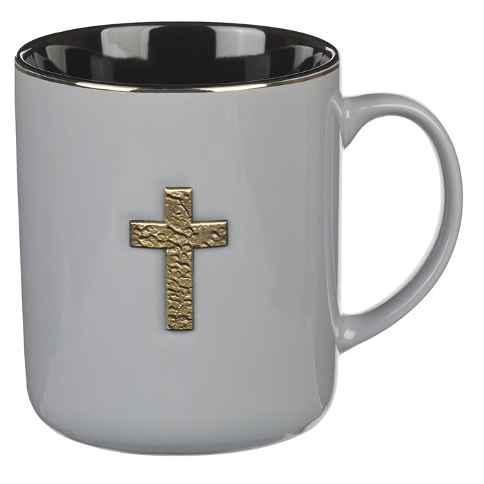 Gray Ceramic Coffee Mug with Metal Cross Inlay