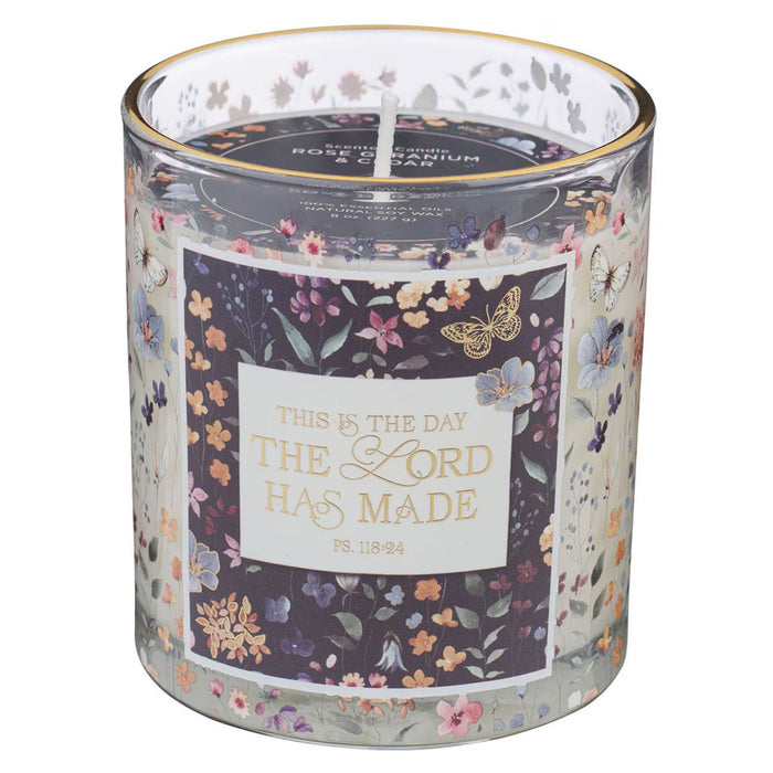 This Is the Day Rose Geranium and Cedar Scented Candle in a Glass Jar