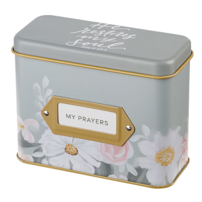 He Restores My Soul Green Floral Garden Prayer Cards in a Tin