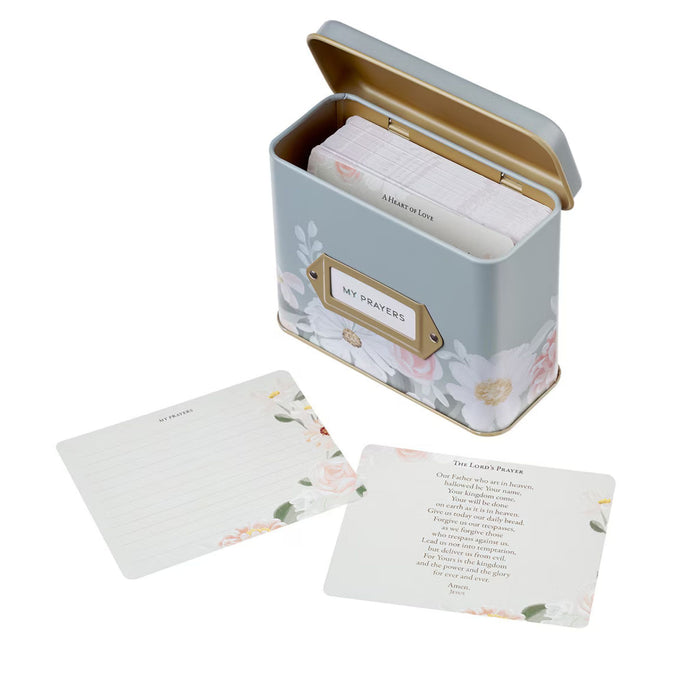 He Restores My Soul Green Floral Garden Prayer Cards in a Tin