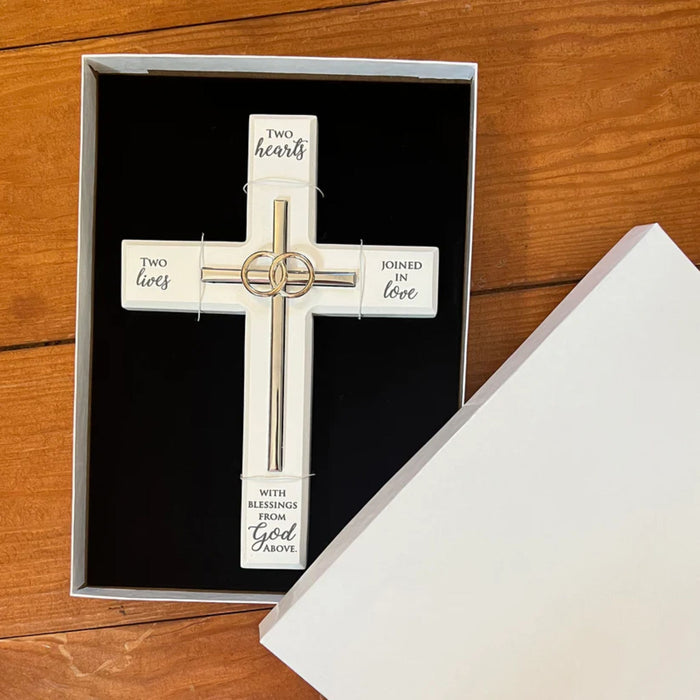 Wedding Cross White with Metal Inlay and Rings