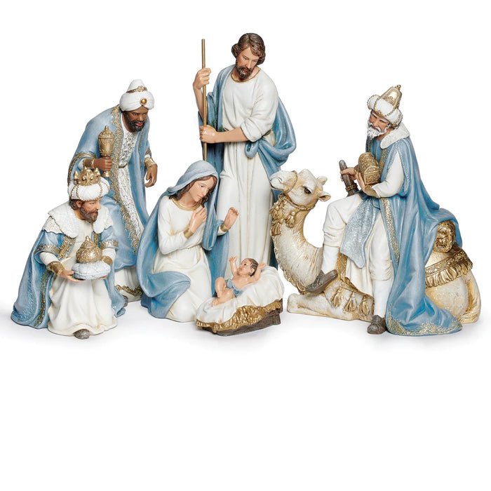 Nativity 6 Piece Set Blue Champagne with King on Camel