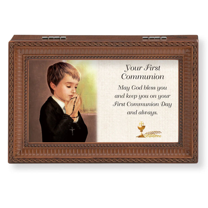 First Communion Music Box Brown "May God Bless"