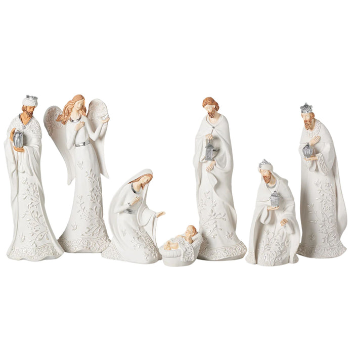 Nativity Set 12" White with Pearl Leaf Pattern 7 Pieces