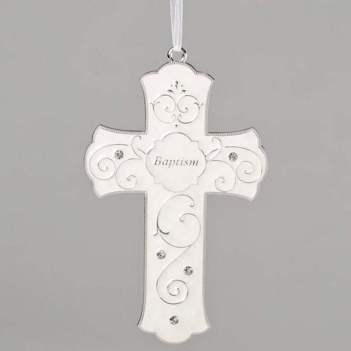 Baptism Cross 7.25" White Enamel with White Ribbon