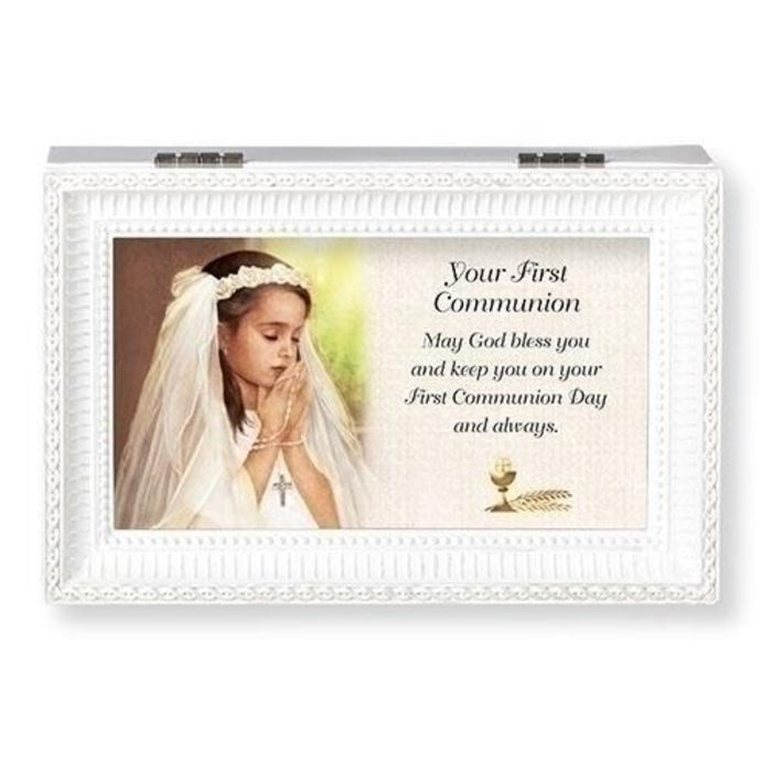 First Communion Music Box White "May God Bless"