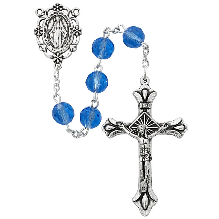ROSARY - 8MM BLUE GLASS BEADS - OXIDIZED CRUCIFIX & MEDAL