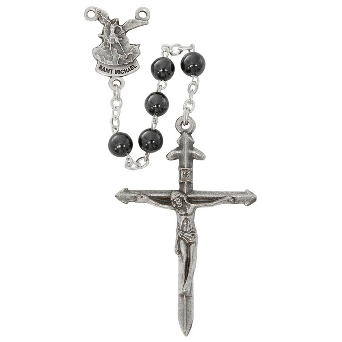 Rosary St Michael Hematite Beads and Sword Crucifix
