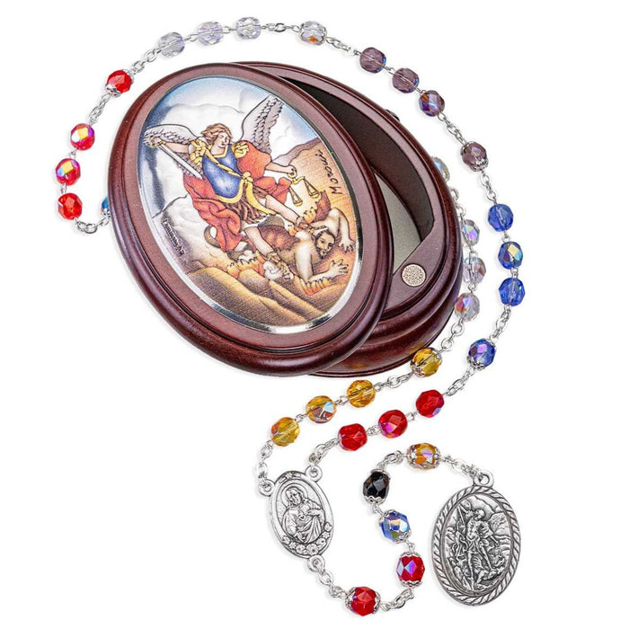 St. Michael Wooden Box with Multi-Colored Chaplet
