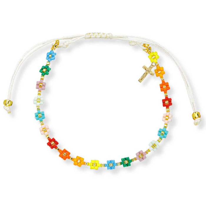 Bracelet Multi Color Beaded Flowers with Crucifix
