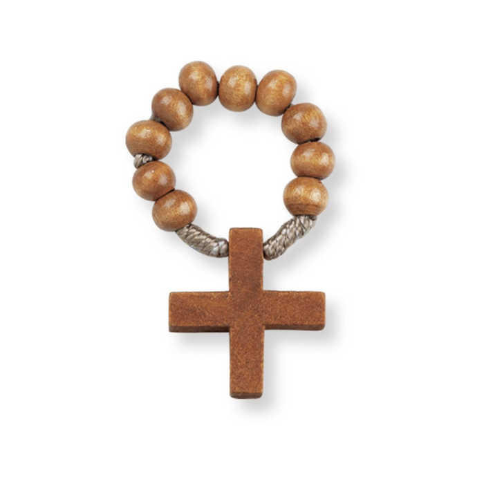 Rosary Ring Light Brown Wood with Cross