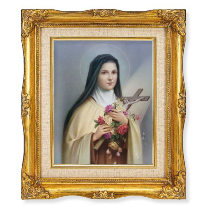 St Therese with Inner Linen Border in 12" x 14" Antique Gold Frame