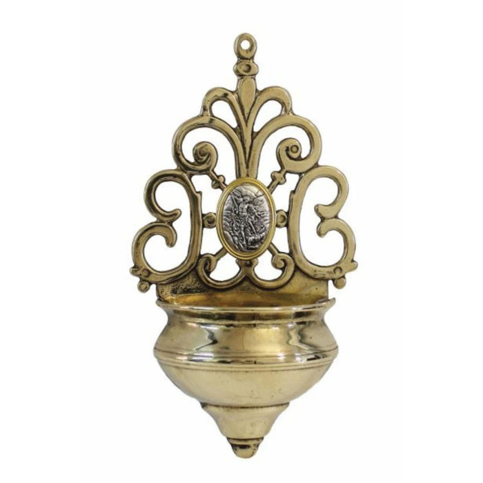 Holy Water Font in Shiny Brass with Gold Trim St Michael Medal